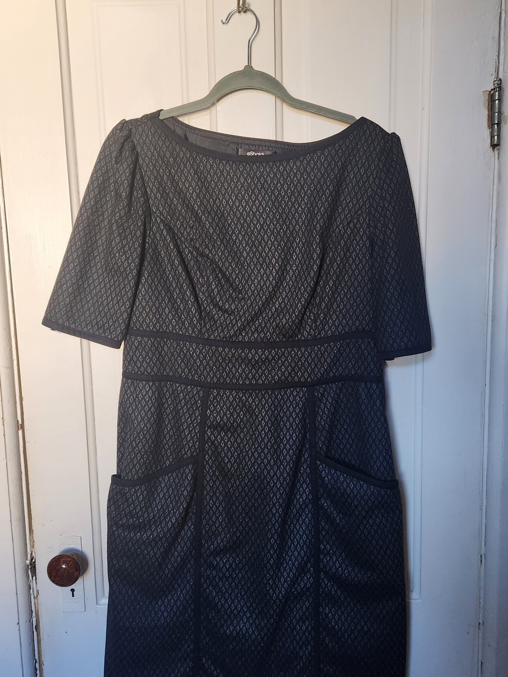 Gray Black Wool Blend Midi Dress with Front Pockets